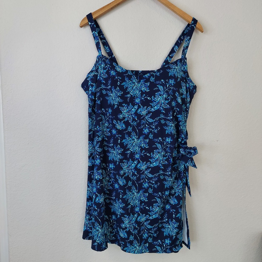 Land's End Blue Floral Print Side Tie Swim Dress One Piece‎ Swimsuit Size 18W